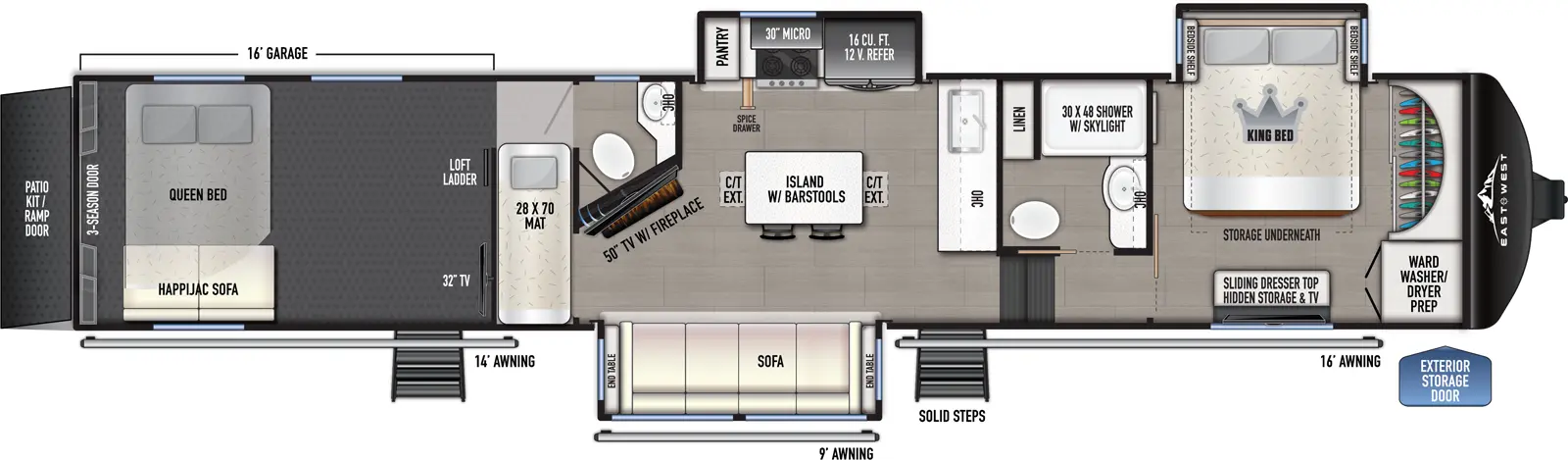 The Takoda 400TH floorplan is a toy hauler that has two entries and three slide outs. Exterior features include: fiberglass exterior, 14', 9' and & 16' awning. Interiors features include: loft, kitchen island, front bedroom and bathroom and a half.